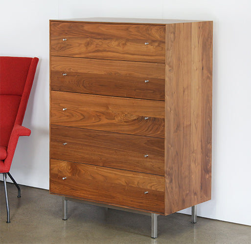 Walnut 5 Drawer Dresser With Stainless Base
