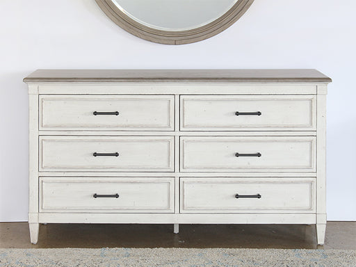 DR141 - Antique White 6 Drawer Dresser With Wood Top