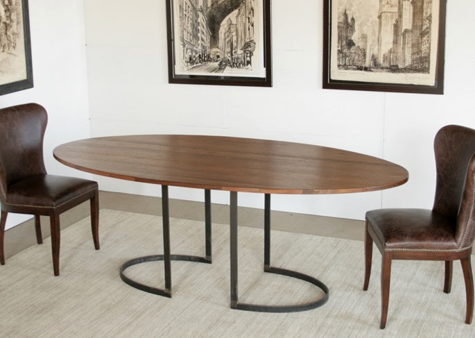 Oval Dining Table In Light Walnut With Curved Metal Base