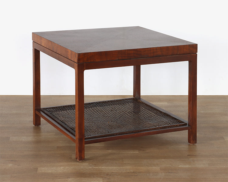 Mid-Century Square Side Table with Cane Accent Shelf, Vintage 1960's