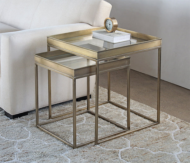 Set of 2 Antique Brass Nesting Tables with Mirror Top
