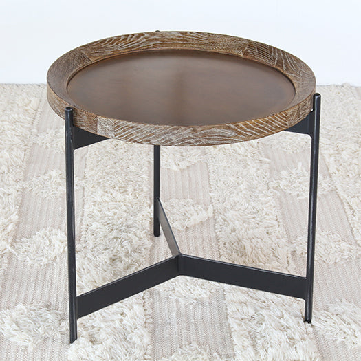 Round Seared Oak End Table with Black Iron Base