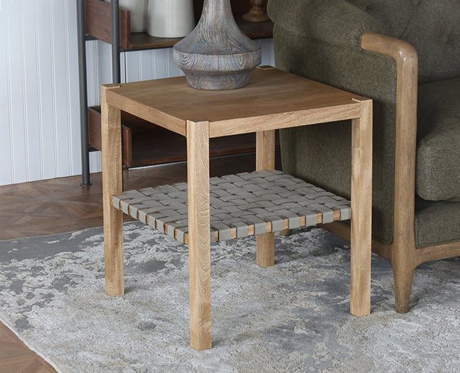 Natural Wood End Table W/ Woven Grey Leather Shelf