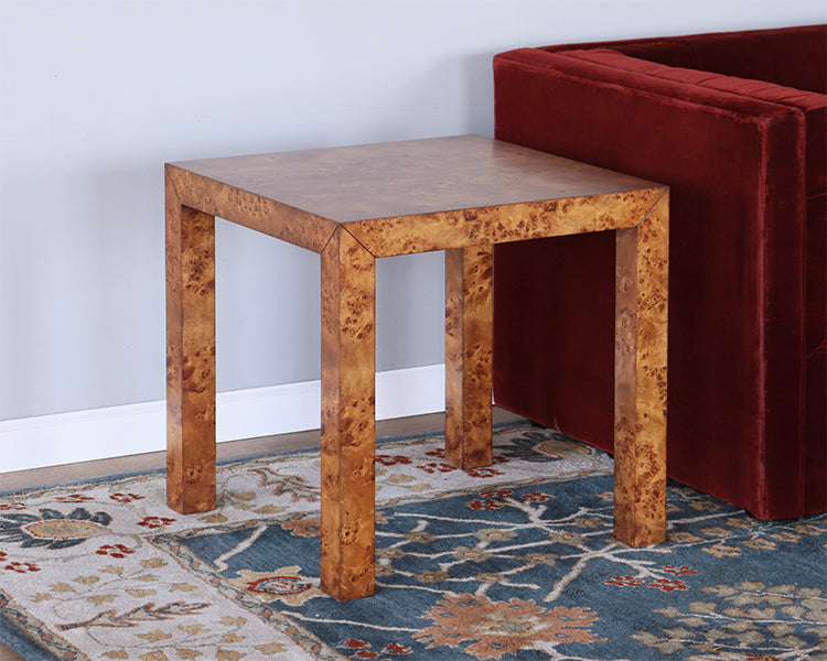 Parsons Style End Table in Burled Veneer