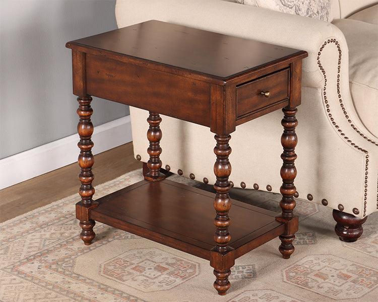 Turned Leg End Table with Undershelf and Drawer
