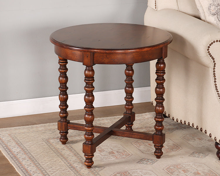 Turned Leg Round End Table with Stretchers