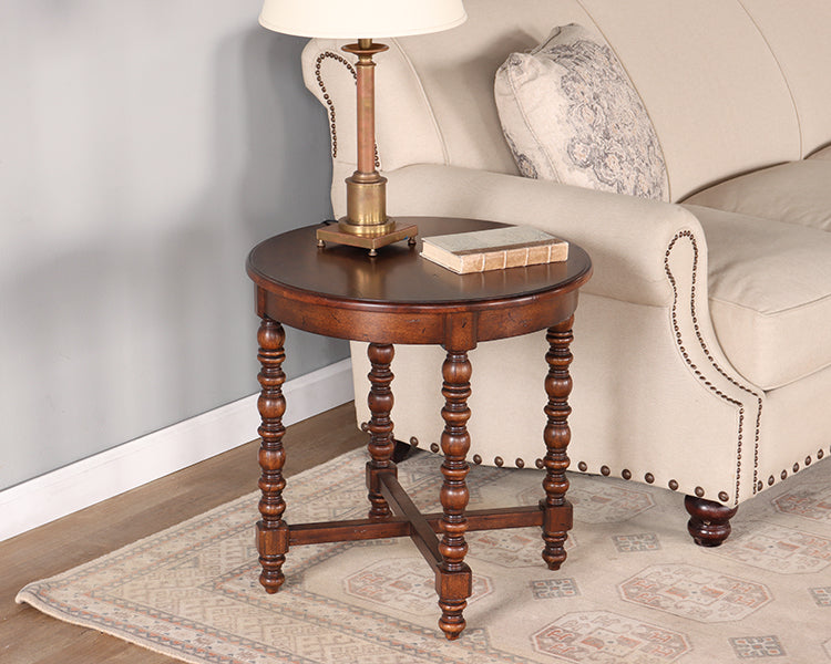Turned Leg Round End Table with Stretchers