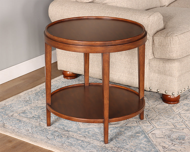 Round End Table with Raised Edge and Undershelf