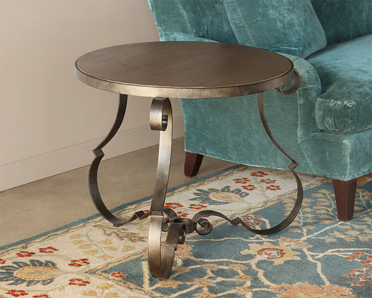 Scrolled Steel and Rustic Taupe Wood End Table