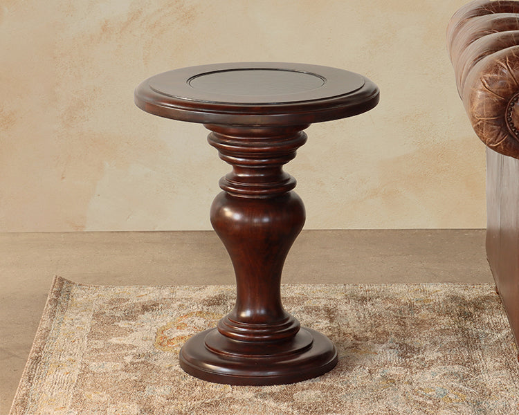 Round Cherry End Table w/ Embossed Metal Scroll Top