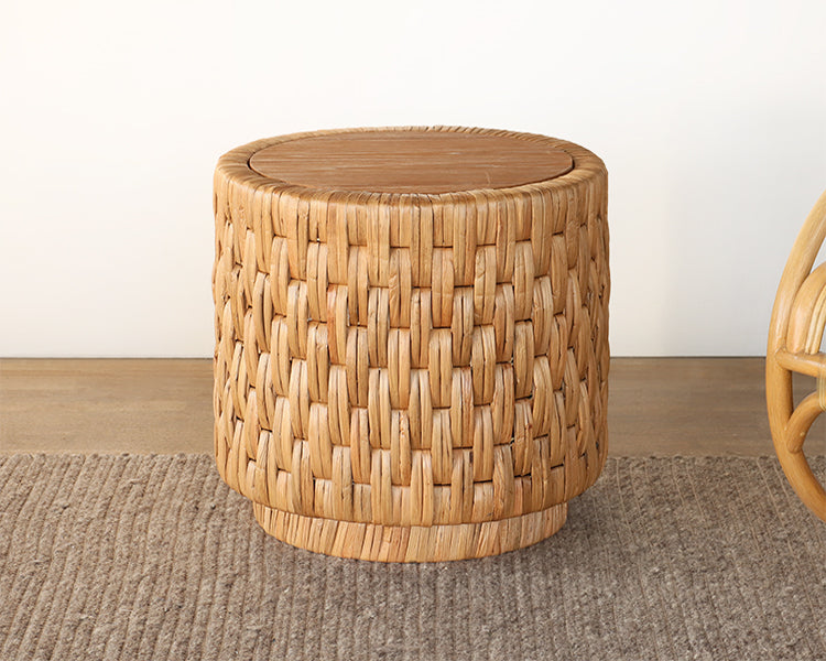 Round Woven Seagrass End Table with Teak Top