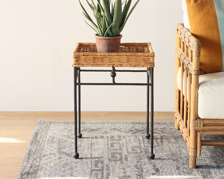 Wicker End Table with Black Wrought Iron Base