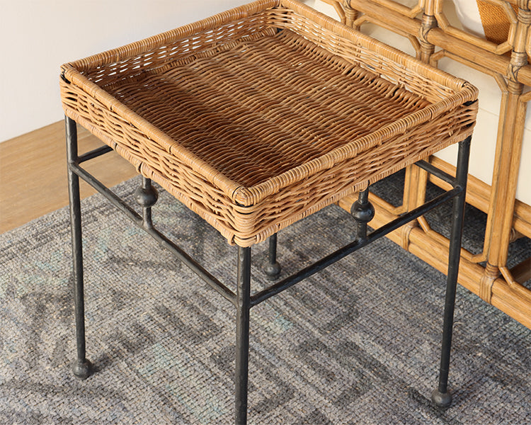 Wicker End Table with Black Wrought Iron Base