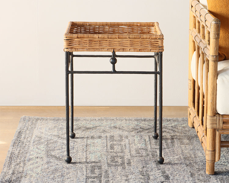 Wicker End Table with Black Wrought Iron Base