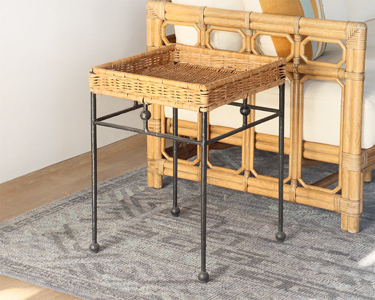 Wicker End Table with Black Wrought Iron Base