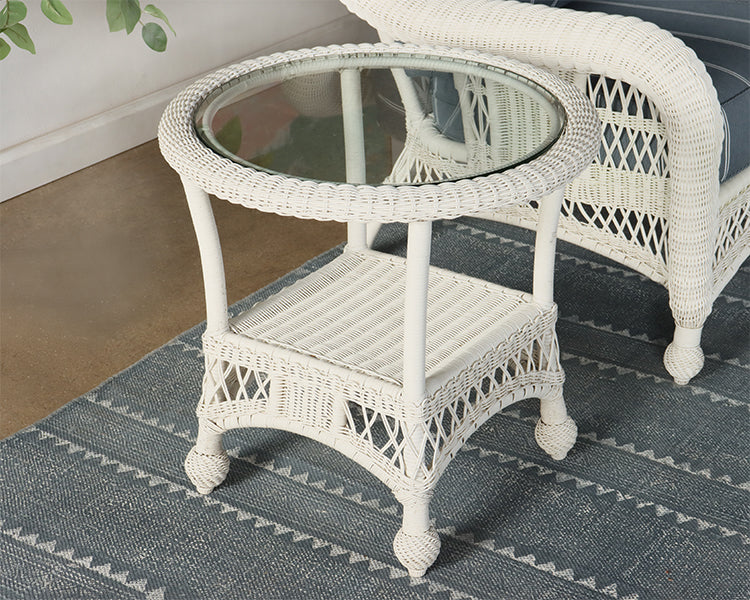 White Wicker End Table with Glass Top