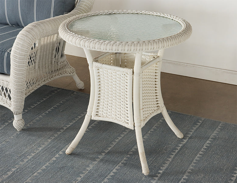 Tall White Wicker End Table with Glass Top