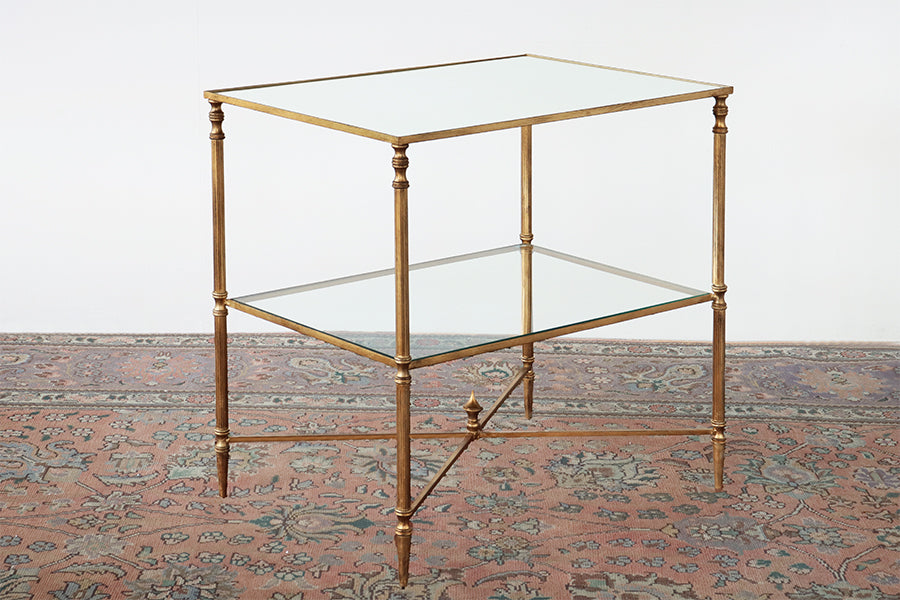 Gold Leaf End Table with Mirror Top and Stretcher - Cleared