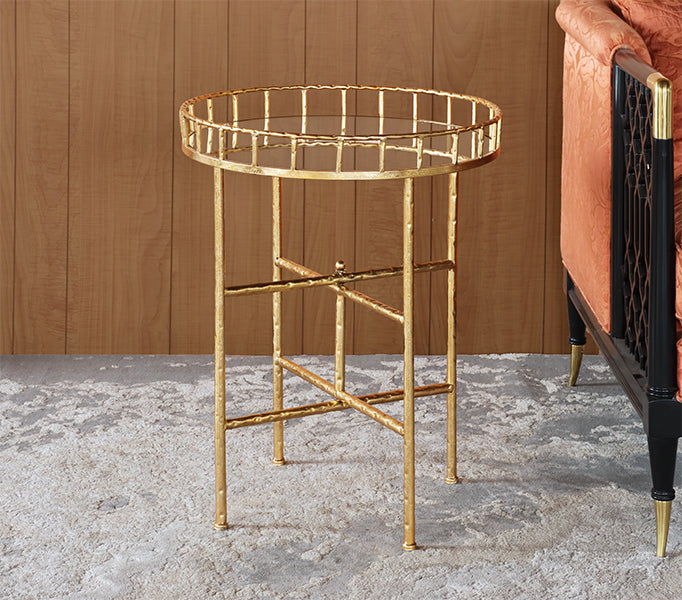 Gold Leaf End Table with Tray Style Mirror Top - Cleared