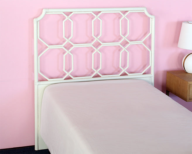 HB49 - White Twin Rattan Headboard WLeather Wrapped Join