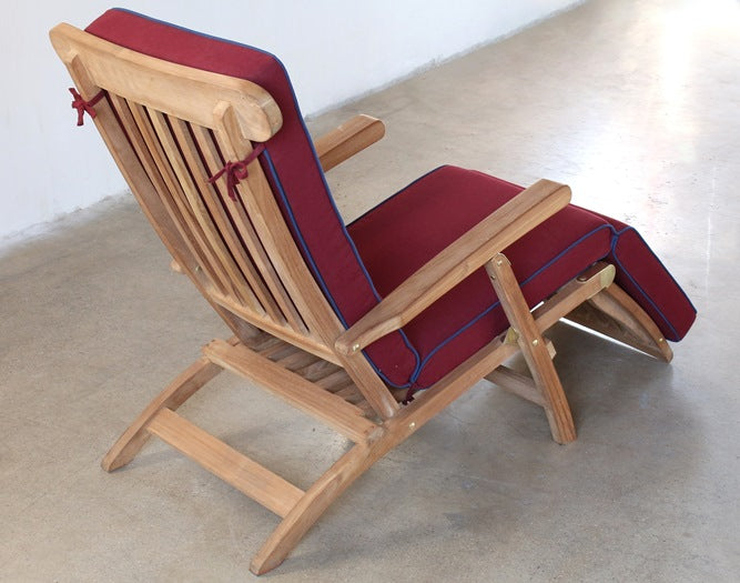 Teak Slatback Folding Recliner with Red Cushion and Blue Piping