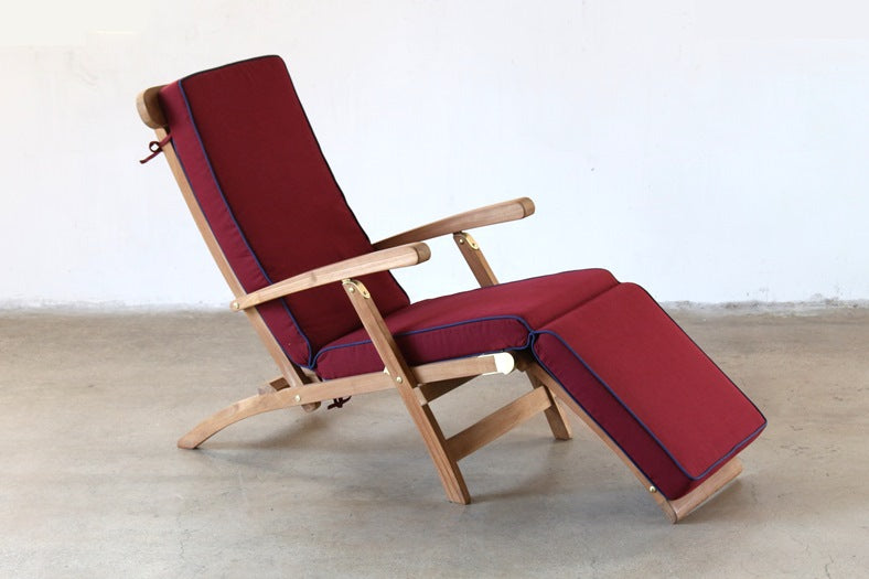 Teak Slatback Folding Recliner with Red Cushion and Blue Piping