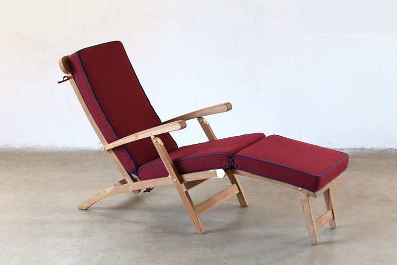 Teak Slatback Folding Recliner with Red Cushion and Blue Piping