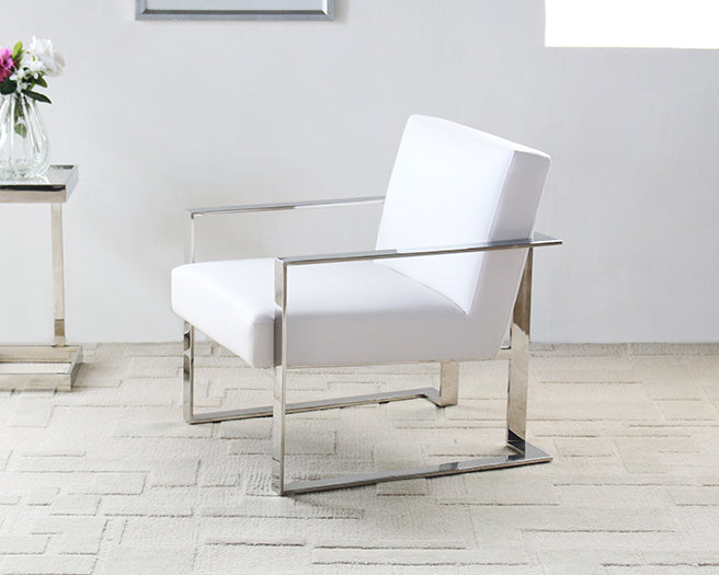 White Leatherette and Polished Stainless Steel Lounge Chair