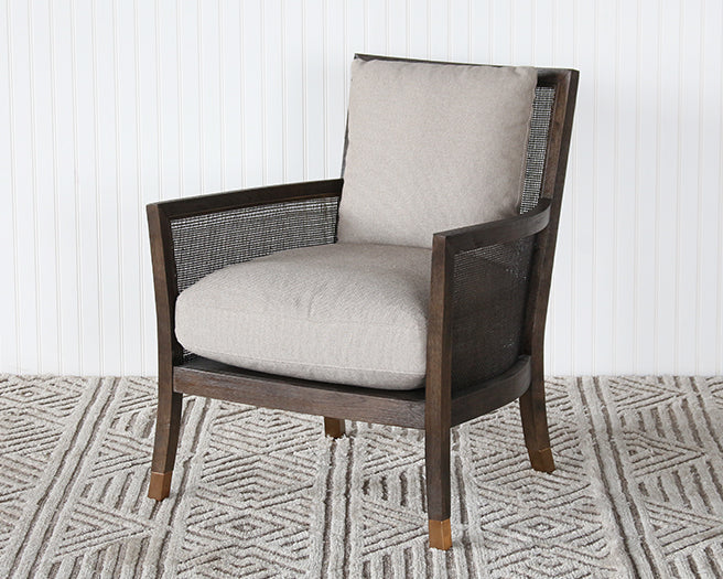 Linen And Cane Lounge Chair With Brass Capped Feet