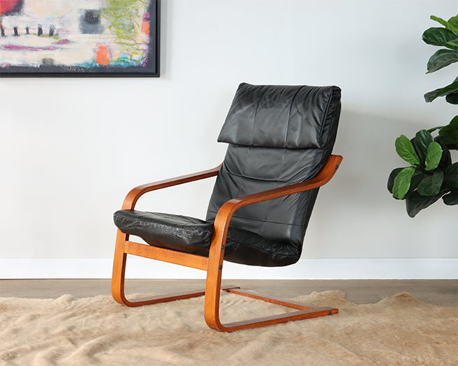 Vintage Black Leather Teak Lounge Chair