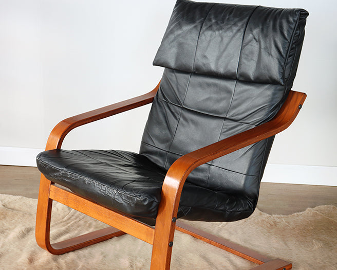 Vintage Black Leather Teak Lounge Chair