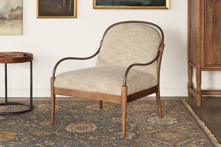 Burnished Brass and Stone Boucle Lounge Chair