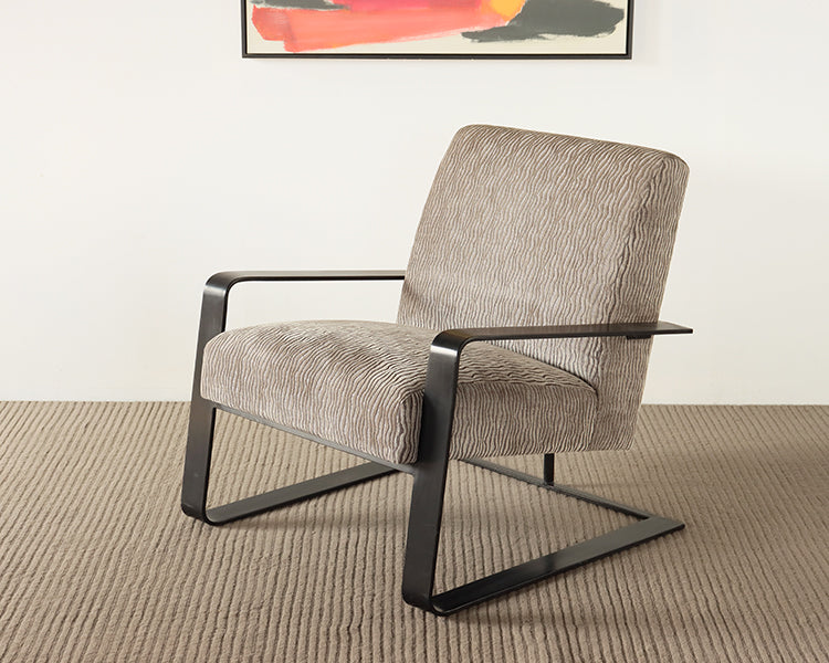 Carved Grey Chenille Lounge Chair with Black Metal