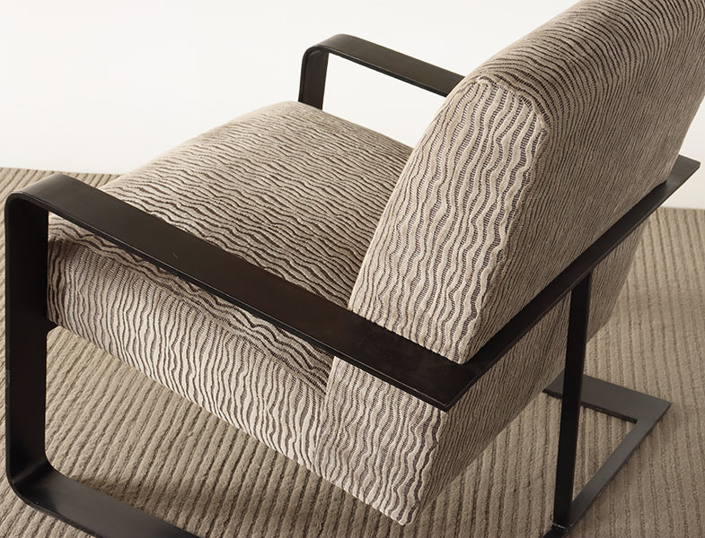 Carved Grey Chenille Lounge Chair with Black Metal
