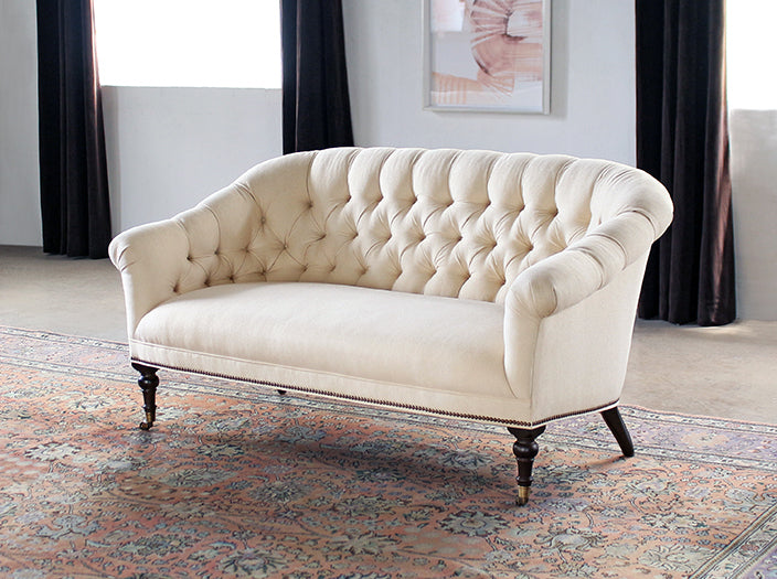 Tufted Loveseat in Linato Cream with Brass Nailhead Trim
