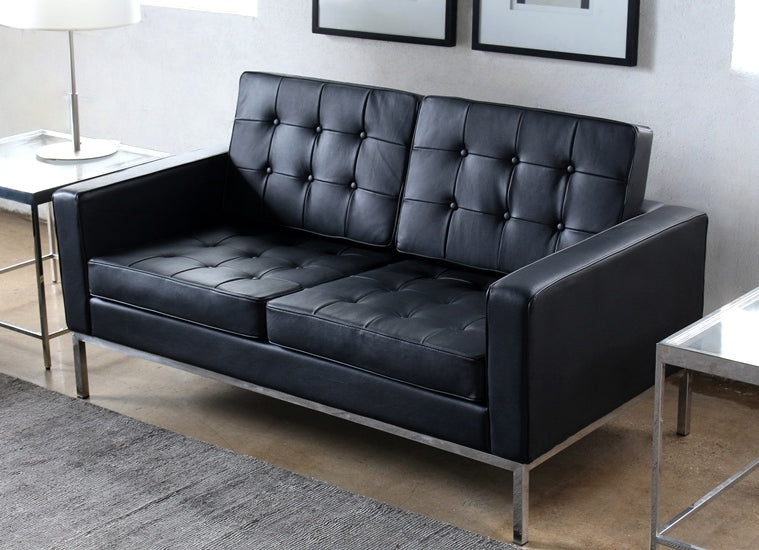 LS86 Black Leather Florence Knoll Style Loveseat