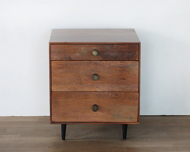 Reclaimed Wood Nightstand with Antique Brass Pulls and Iron Legs