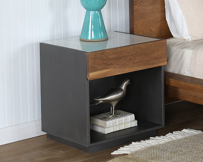 Dark Grey Lacquered Nightstand With Oak Drawer