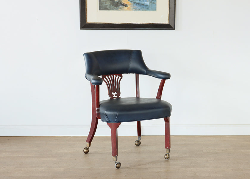 Dark Navy Leather Chippendale Style Office Chair