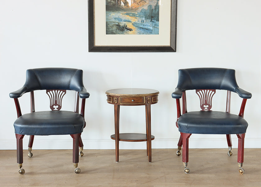 Dark Navy Leather Chippendale Style Office Chair