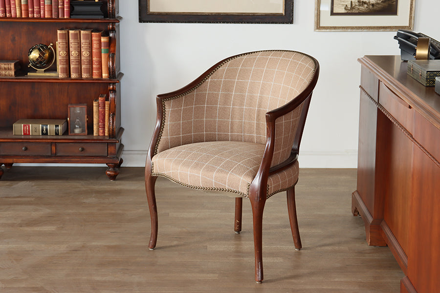 Tan Plaid Upholstered Barrel Chair