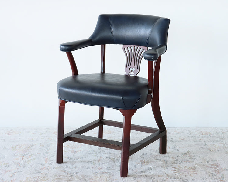 Dark Navy Leather Chippendale Style Arm Chair