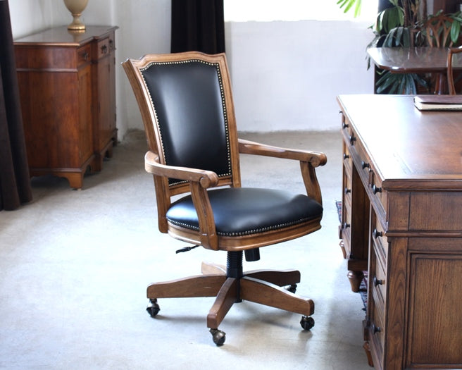 OC61 Wood Frame Black Leather Rolling Office Chair