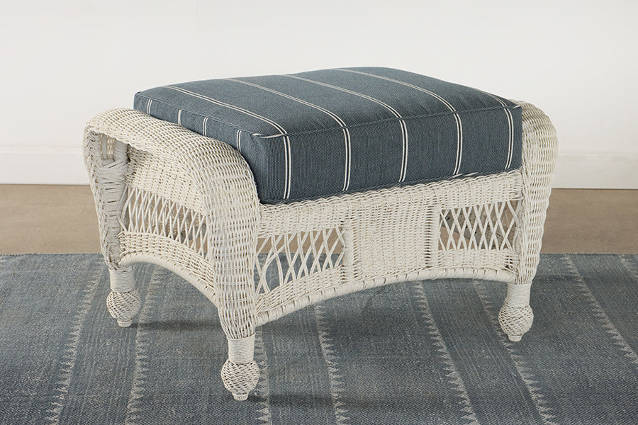 White Wicker Ottoman w/ Blue & White Cushion