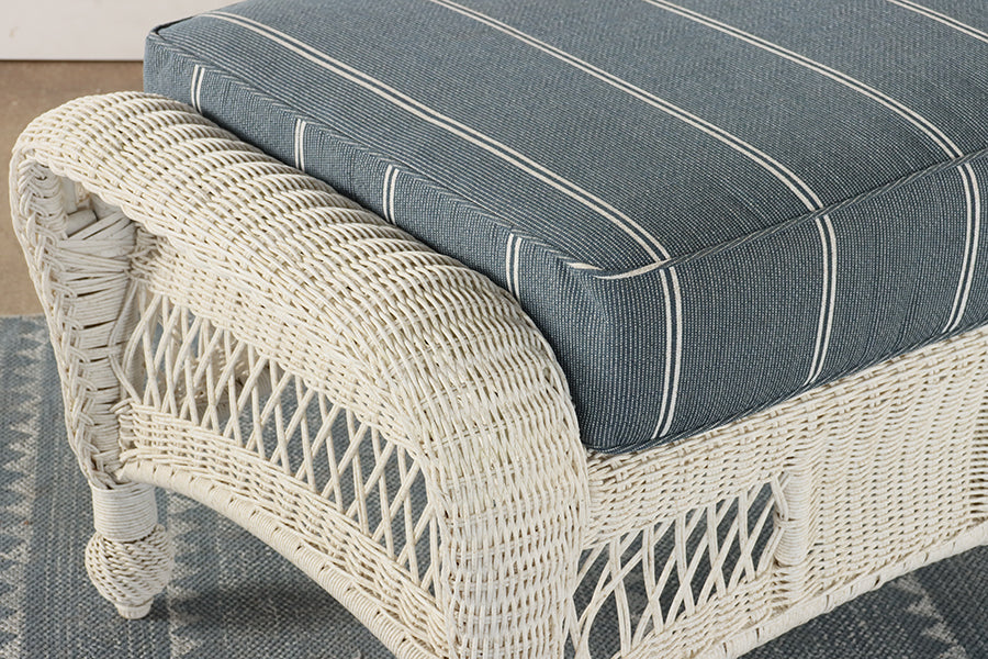 White Wicker Ottoman w/ Blue & White Cushion