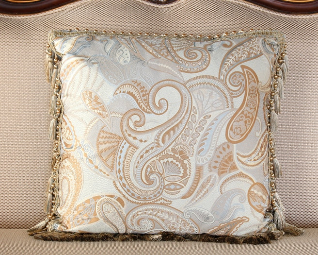 Pale Blue Paisley Pillow with Gold Tassel Fringe