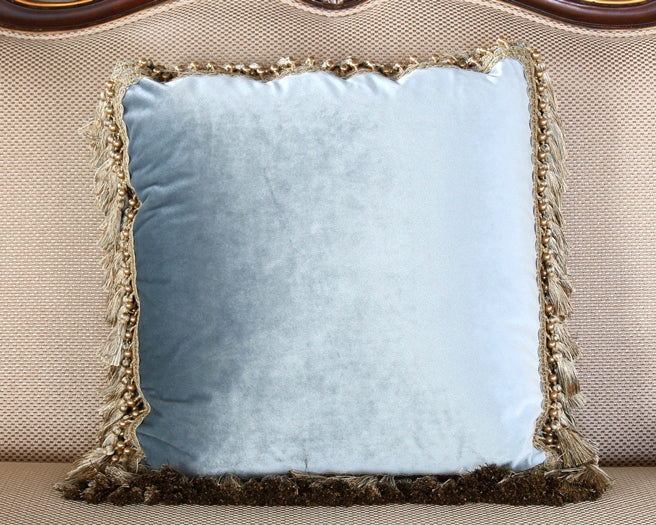 Pale Blue Velvet Pillow with Gold Tassel Fringe