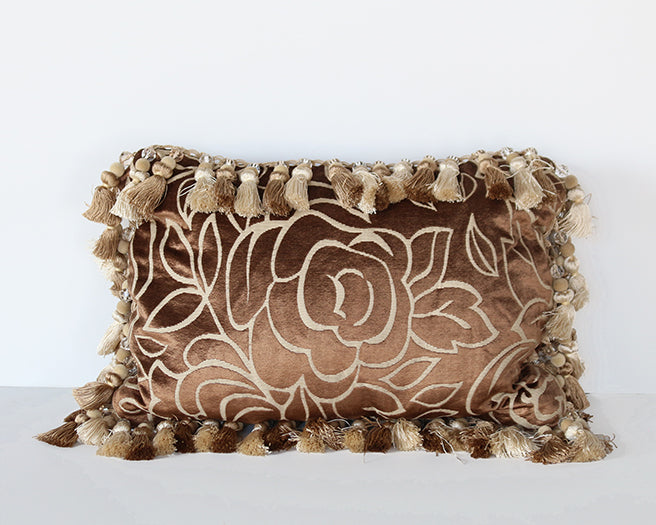 Brown Velvet Rose Tassel Pillow