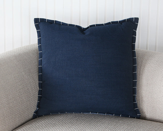 Navy Linen Pillow With Stitched Edge
