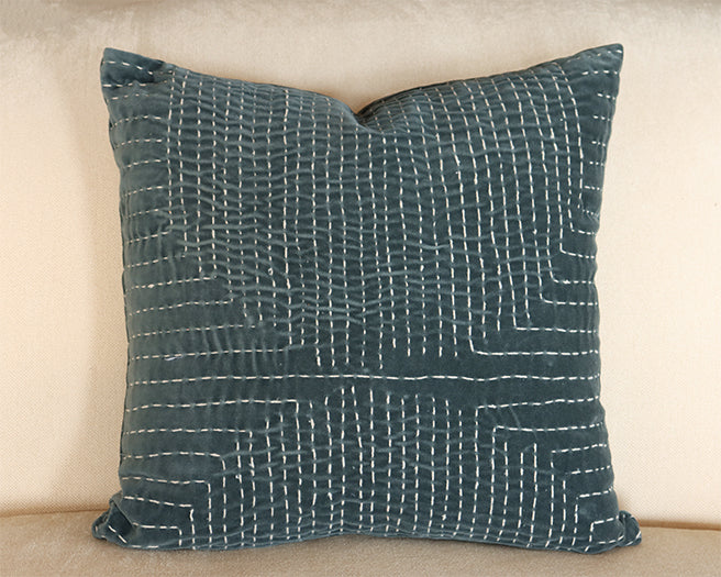 Slate & Cream Stitch Pillow With Abstract Pattern
